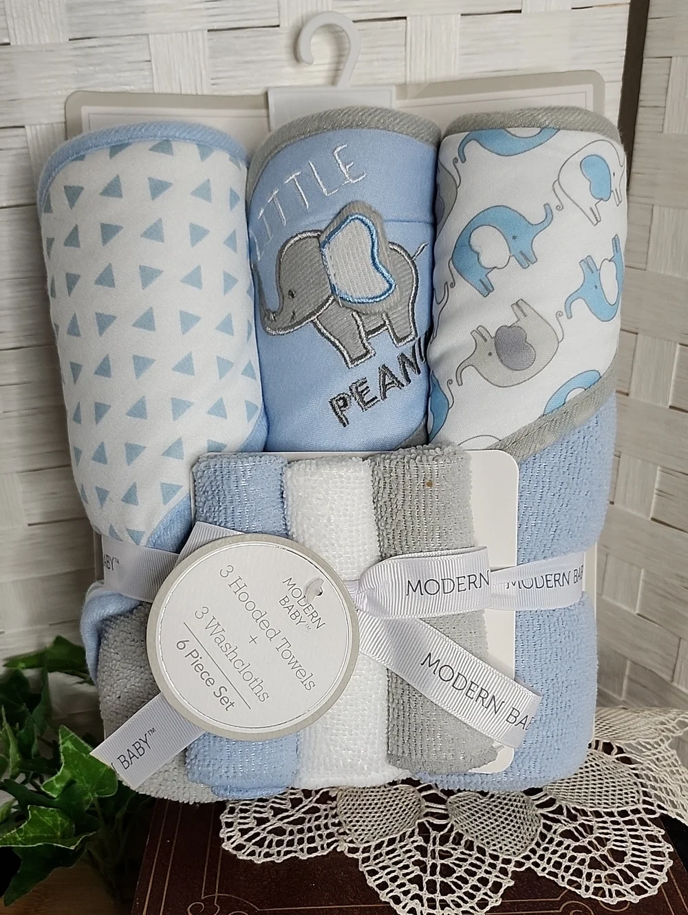 👉*NWT* MODERN BABY BLUE  ELEPHANT HOODED TOWEL & WASHCLOTH SET ~3 OF EACH 🐘